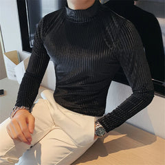 Bonsir Autumn Winter Half Turtleneck Velour Under T Shirt Men Long Sleeve Casual Stripe Slim Fit Tops Tees Men Fashion Social T Shirt