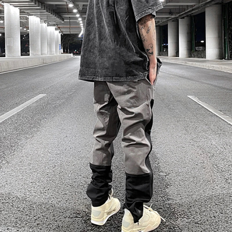 Bonsir Ankle Zipper Color Block Streetwear Straight Casual Cargo Pants for Men Drawstring Harajuku Oversize Hip Hop Loose Trousers