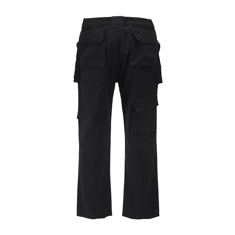 Bonsir Harajuku Multi-pockets Straight Flare Pants Mens High Street Elastic Waist Solid Loose Casual Cargo Pants Hip Hop Baggy Trousers