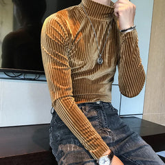 Bonsir Autumn Winter Turtleneck Velvet T-Shirt Men Slim Striped Casual Tight T-Shirt Men Long Sleeve Club Clothing Camiseta Homme