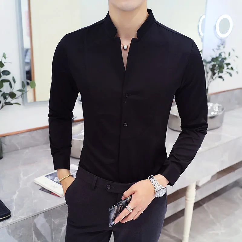 Bonsir Autumn New High Quality Solid Dress Shirt Men Long Sleeve Stand Collar Casual Shirt Men Black White Social Casual Business Shirt