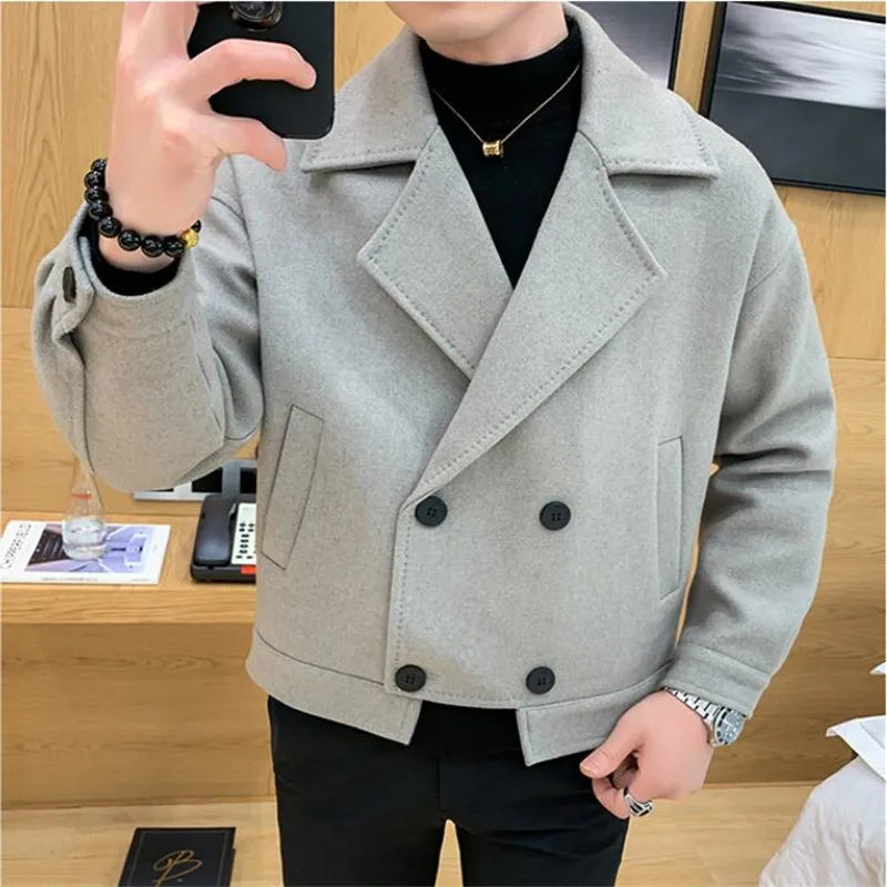 Bonsir Men Windbreaker Autumn Winter Thickened Wool Blend Trench Jackets Coats Short Loose Korean Mens Double-Breasted Tweed Coat