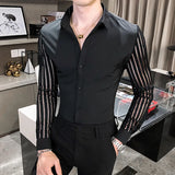Bonsir New Men Lace Perspective Shirt Party Prom Hollow Lace Patchwork Long Sleeve Tuxedo Shirt Nightclub Casual Social Shirt