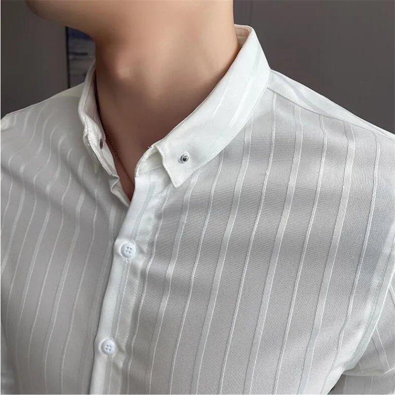 Bonsir Autumn New Long Sleeve Stripe Shirt Men Simple Slim Fit Business Casual Formal Wear Chemise Homme Dress Social Club Shirt