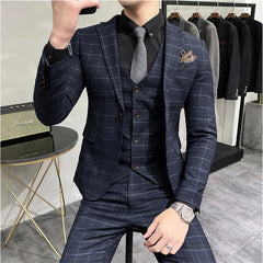 Bonsir (Jackets +Pants+Vest) Luxury Men Groom Wedding Tuxedo Fashion Plaid Business Suits High Quality Casual Business Suit Three-piece