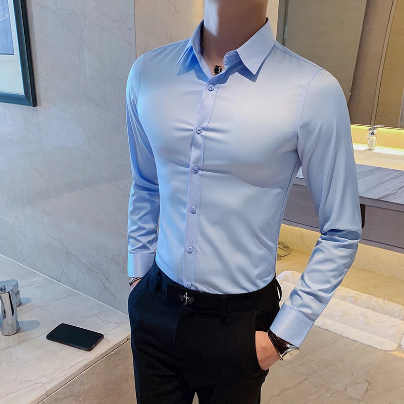 Bonsir Autumn High Quality Solid Dress Shirt Men Long Sleeve Fashion Slim Men Social Casual Business Shirt Black White Dress Shirt