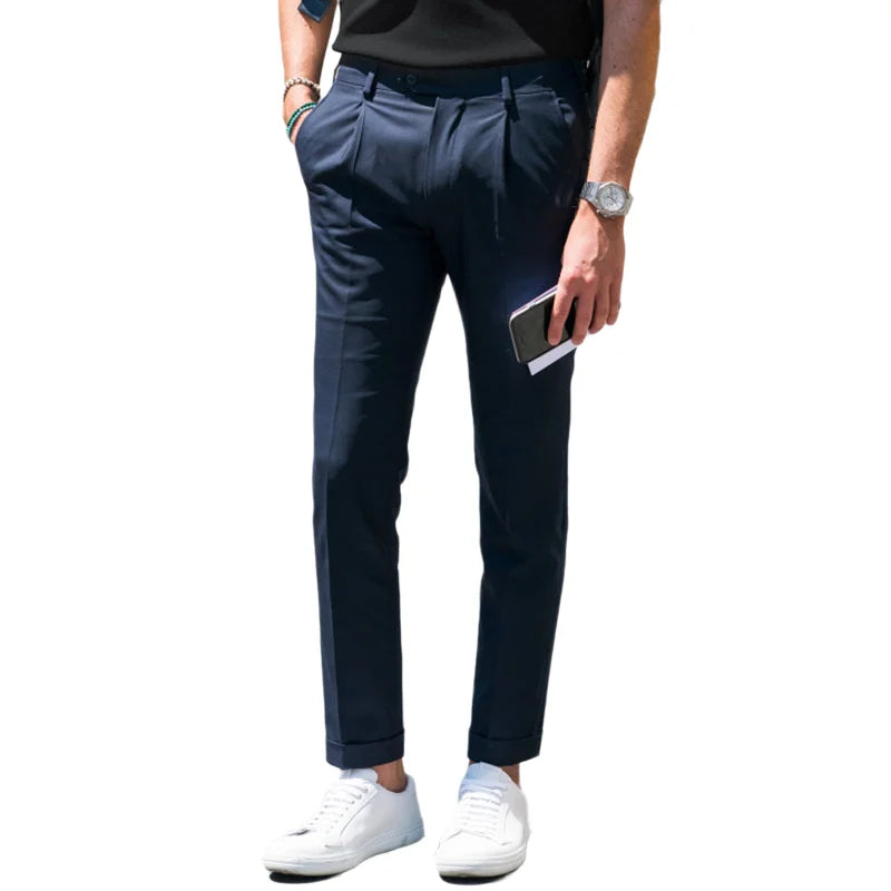 BONSIR  -  Men's casual pants 2021 spring and summer new Euro American Street Photo same single pleated hem pants slim