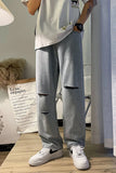 Bonsir Summer new jeans with holes men's Korean fashion high street ruffian handsome loose large size straight tube wide leg streetwear