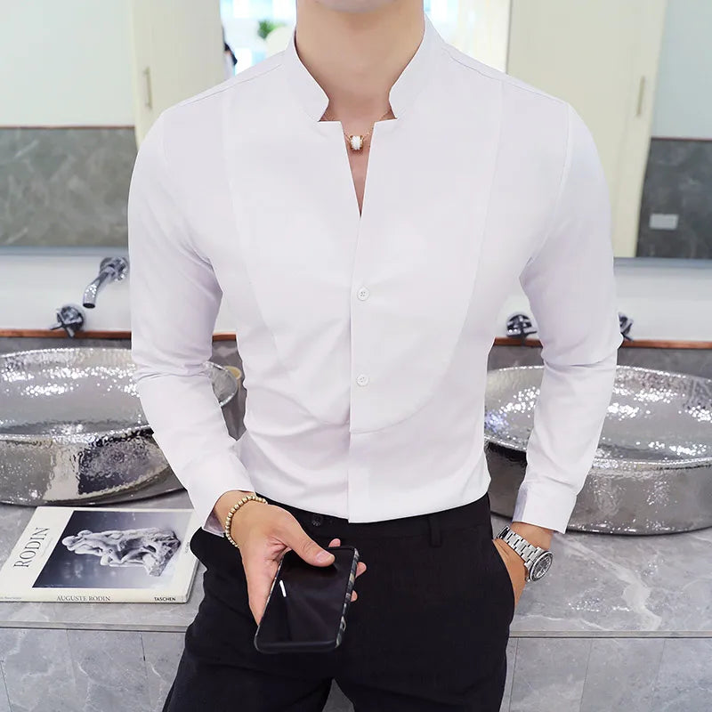 Bonsir Autumn New High Quality Solid Dress Shirt Men Long Sleeve Stand Collar Casual Shirt Men Black White Social Casual Business Shirt