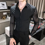 Bonsir New Men Lace Perspective Shirt Party Prom Hollow Lace Patchwork Long Sleeve Tuxedo Shirt Nightclub Casual Social Shirt
