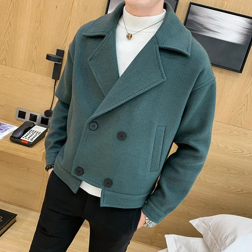 Bonsir Men Windbreaker Autumn Winter Thickened Wool Blend Trench Jackets Coats Short Loose Korean Mens Double-Breasted Tweed Coat