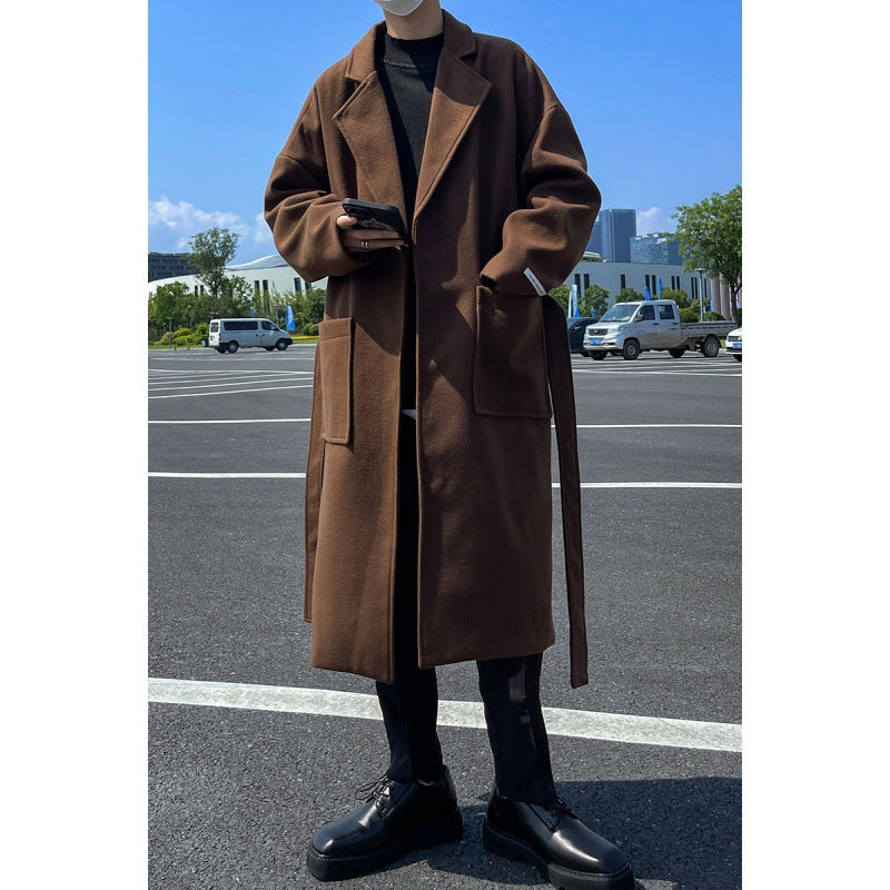 Autumn and Winter New Mid-Length Woolen Coat Men's Hong Kong Style Loose Commuter Windbreaker Loose Coat Warm