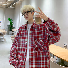 fall mens outfits Shirt Men's Autumn New Loose Korean Style Brushed plus Size Long Sleeve Plaid Casual Shirt