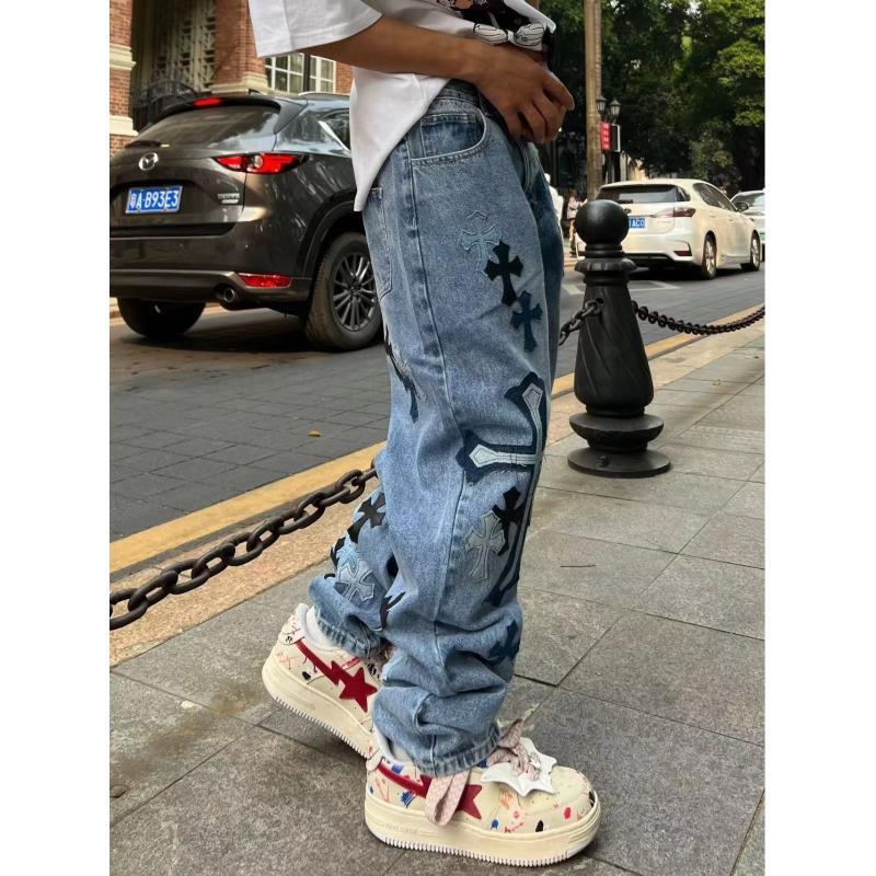 90s streetwear American High Street Original Patch Cross Embroidered Jeans Men's and Women's National Fashion All-Match Slim Slimming Long Pants Fashion