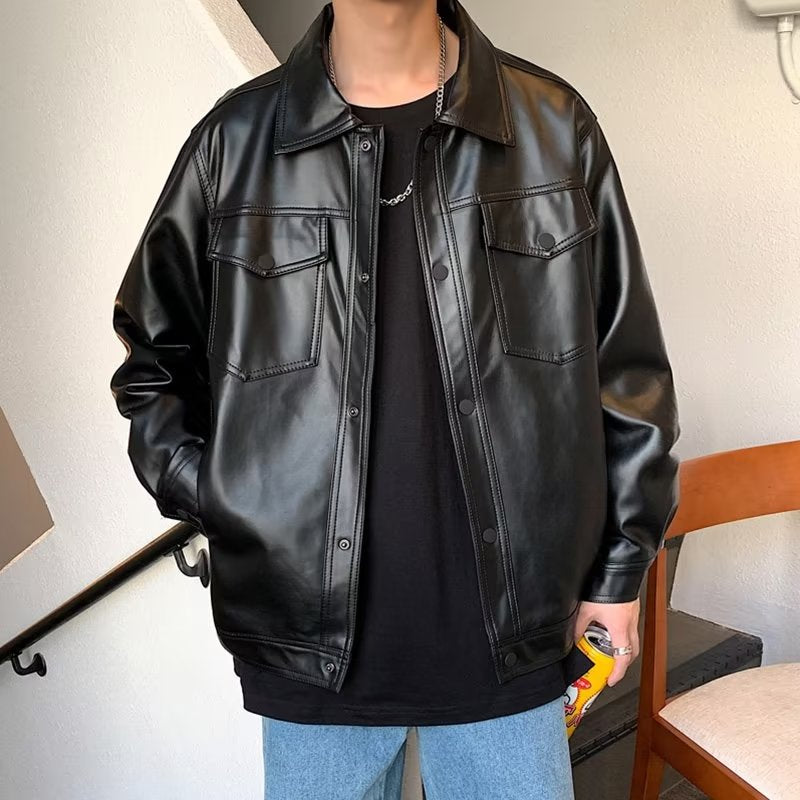 90s fashion men American Retro Parka Men's Spring and Autumn Commuter Loose Casual Pu Handsome Motorcycle Leather Jacket Short Windproof Jacket