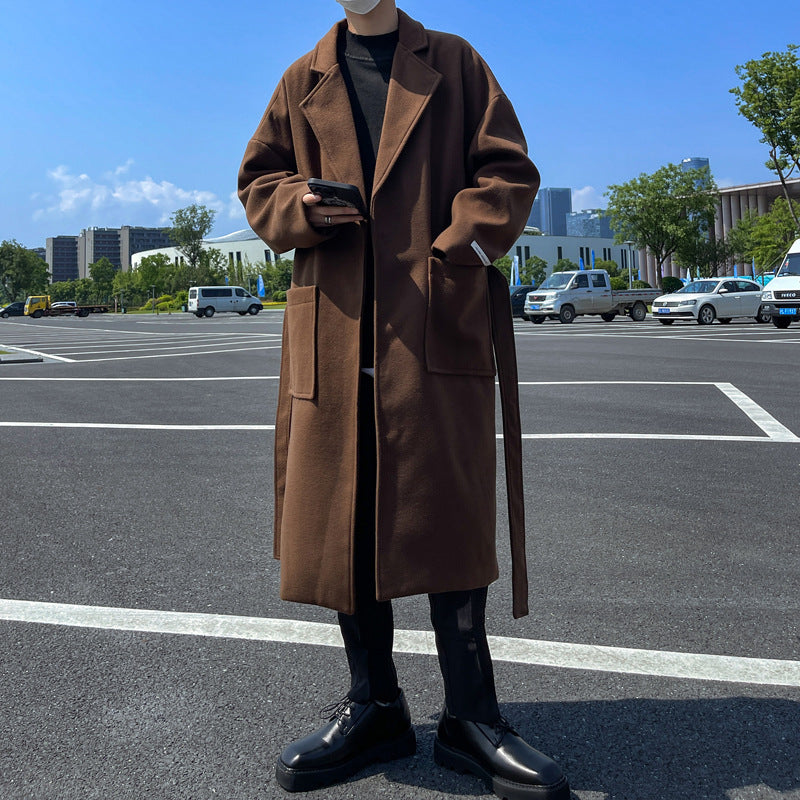 Autumn and Winter New Mid-Length Woolen Coat Men's Hong Kong Style Loose Commuter Windbreaker Loose Coat Warm