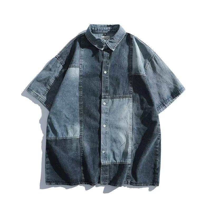 90s fashion men American-Style Retro Niche Stitching Denim Short-Sleeved Shirt Men's Shirt Junior Shirt Coat Women's Fashion