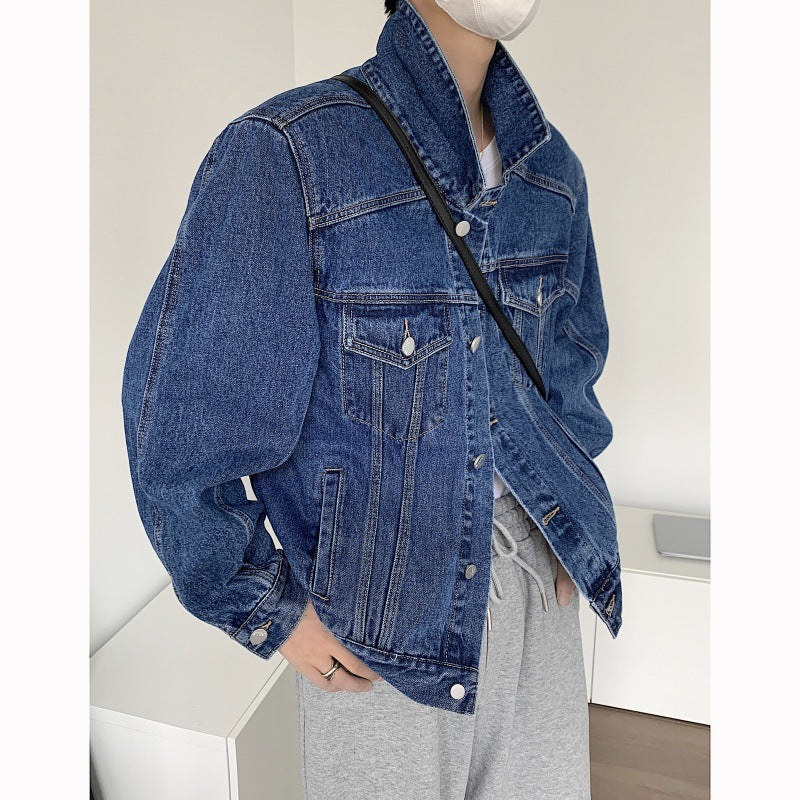 outfit ideas Fit Light Blue Workwear American Shoulder Pad Ean Denim Coat Men's Jacket High Street CL Spring and Autumn Shoulder Short