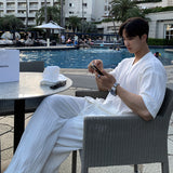 classy outfits men Summer 2024 Korean Style Trendy Suit Men's High-Grade V-neck Ice Silk Short-Sleeved Shirt Ice Suit Joofoo