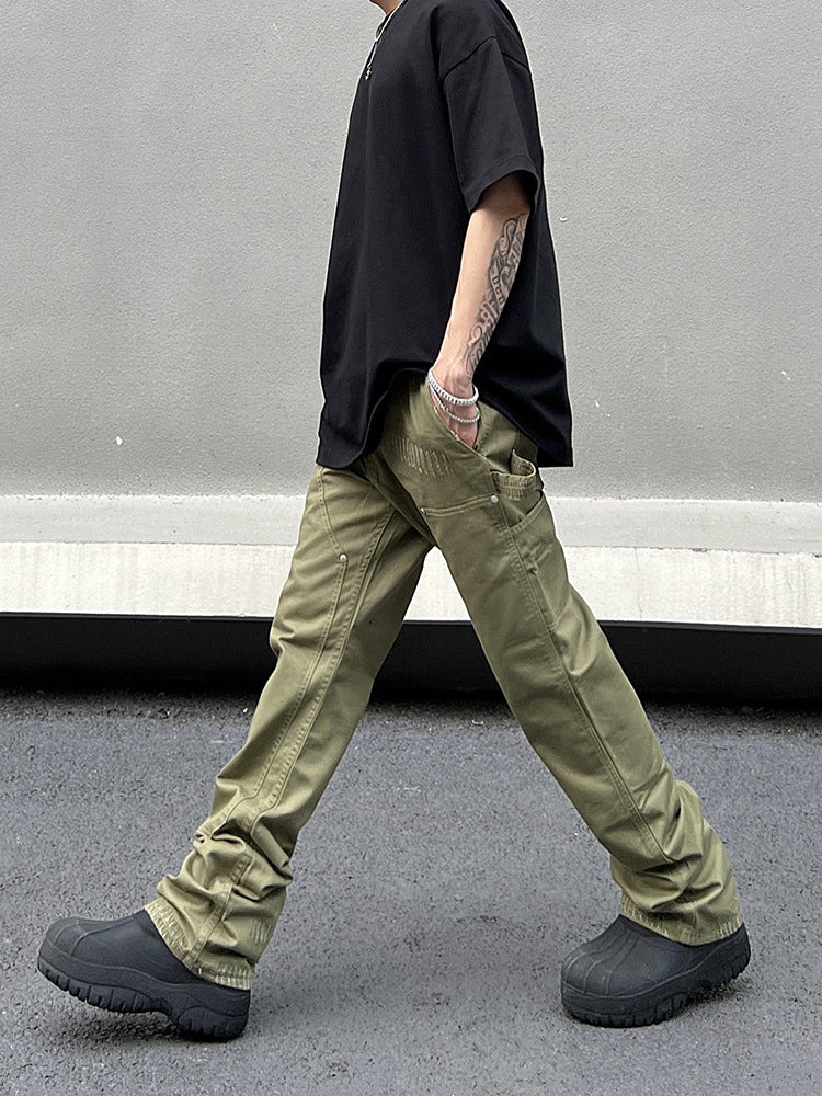 90s fashion men American Vibe Style Army Green Logging Overalls Ins Straight Micro Flared Trousers Cleanfit Pants