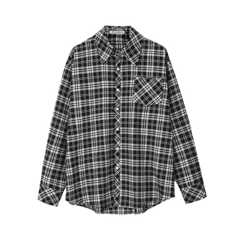 90s streetwear Spring and Autumn Japanese Style Black and White Plaid Long-Sleeved Shirt Men's Niche Retro Hong Kong Style Loose Shirt All-Matching Coat