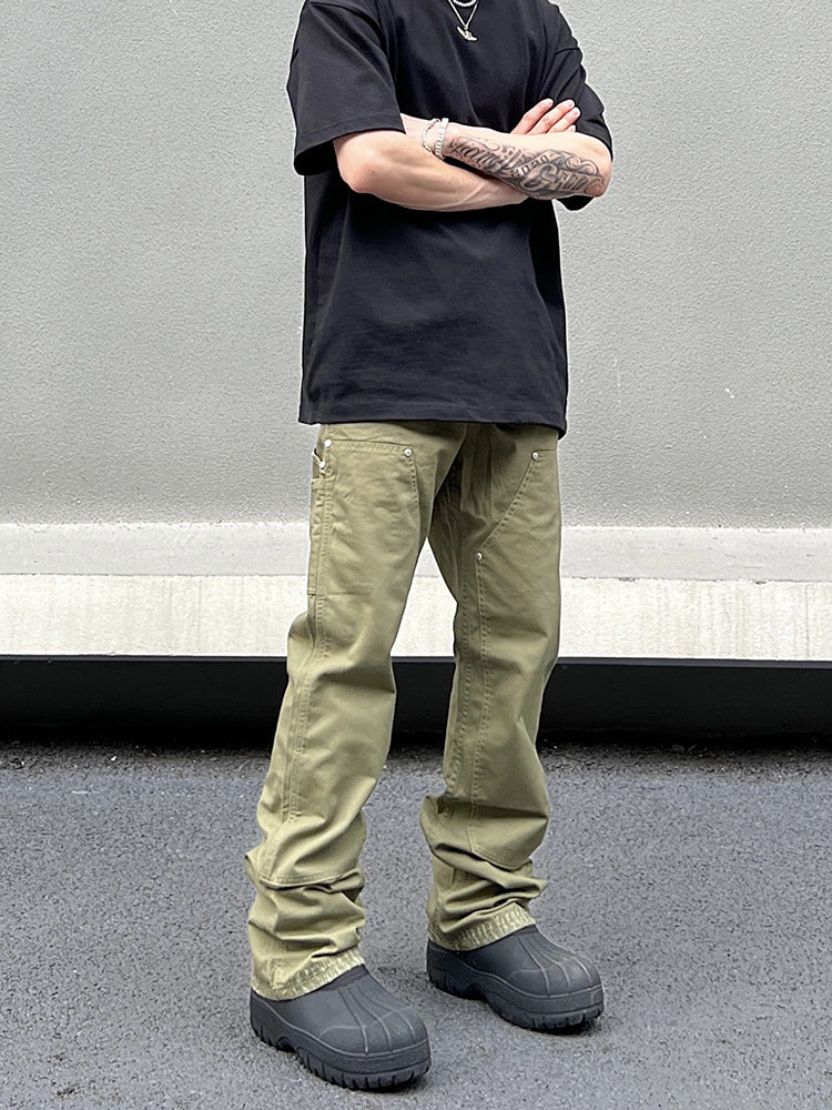 90s fashion men American Vibe Style Army Green Logging Overalls Ins Straight Micro Flared Trousers Cleanfit Pants