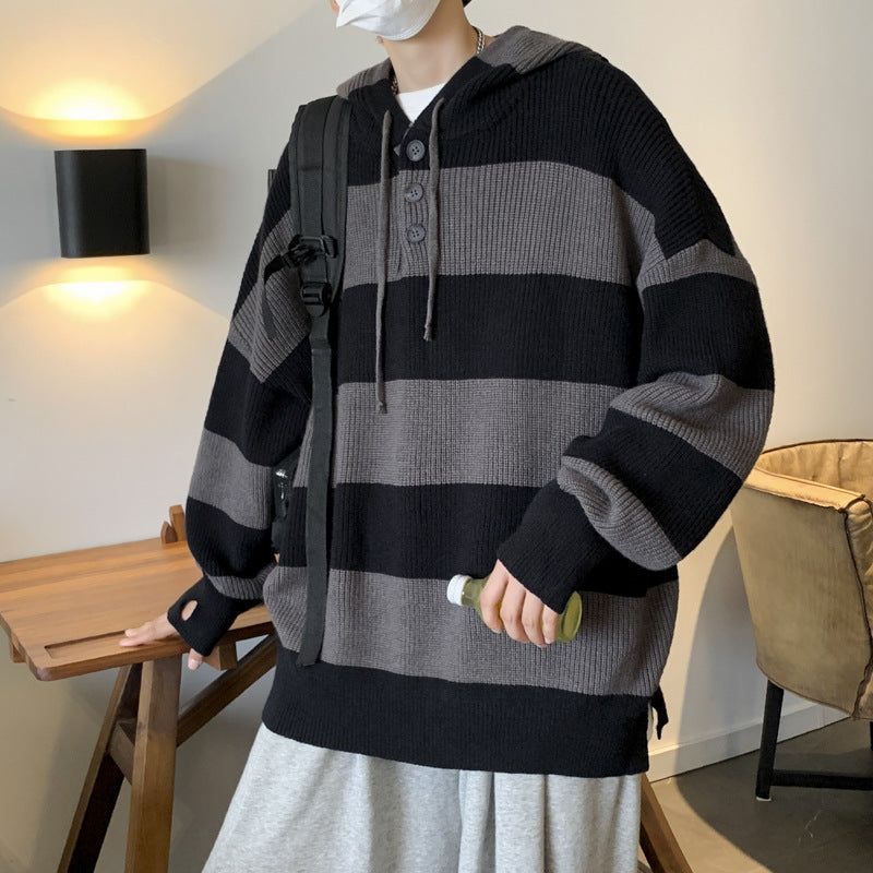 skater boy outfits Retro Striped Sweater Sweater Men's Autumn and Winter Japanese Loose Ins Trendy Sports Hooded Sweater Coat