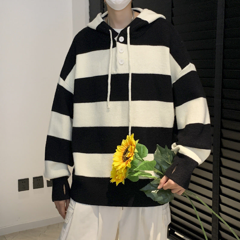 skater boy outfits Retro Striped Sweater Sweater Men's Autumn and Winter Japanese Loose Ins Trendy Sports Hooded Sweater Coat