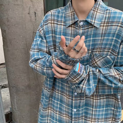 guys fits Japanese Retro Plaid Long-Sleeved Shirt Men's Spring and Autumn Loose Shirt Sunny Clean Boys Wear Fashionable Coat