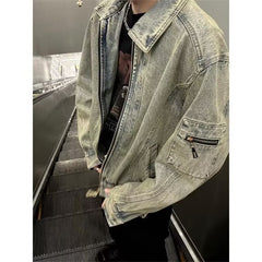 90s streetwear High Street Retro Washed Distressed Denim Coat Men's Spring and Autumn New Style Fried Street Loose Casual Workwear Jacket Fashion