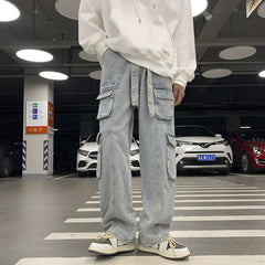 90s fashion men Multi-Pocket Workwear Jeans Men's Autumn and Winter Ins Street Hip Hop Casual All-Match Wide-Leg Mopping Trousers