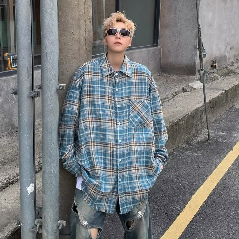 guys fits Japanese Retro Plaid Long-Sleeved Shirt Men's Spring and Autumn Loose Shirt Sunny Clean Boys Wear Fashionable Coat