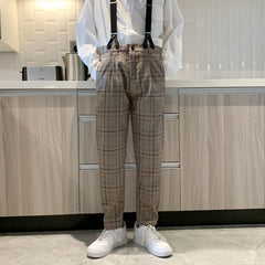 90s fashion men Autumn Ins Fashion Brand Straight Casual Trousers Men's Retro Workwear Suspender Pants Detachable Korean Plaid Suspender Pants