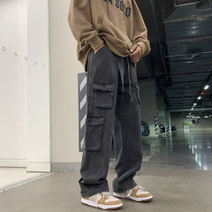 90s fashion men Multi-Pocket Workwear Jeans Men's Autumn and Winter Ins Street Hip Hop Casual All-Match Wide-Leg Mopping Trousers