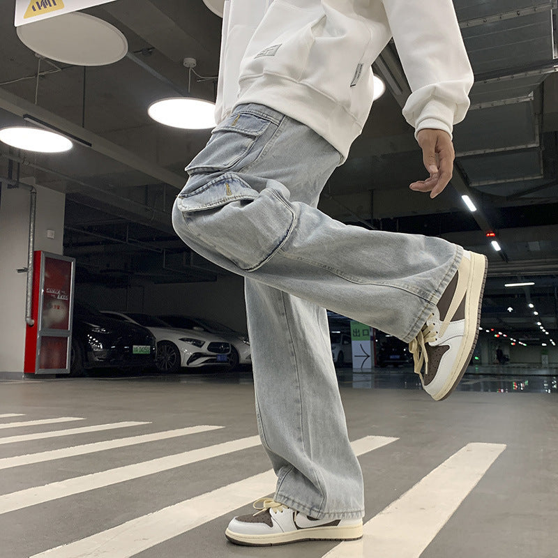 90s fashion men Multi-Pocket Workwear Jeans Men's Autumn and Winter Ins Street Hip Hop Casual All-Match Wide-Leg Mopping Trousers