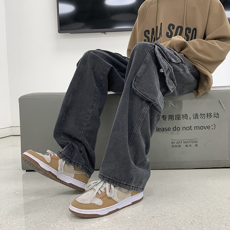 90s fashion men Multi-Pocket Workwear Jeans Men's Autumn and Winter Ins Street Hip Hop Casual All-Match Wide-Leg Mopping Trousers