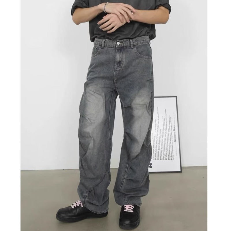 90s fashion men American Retro High Street Irregular Pleated Design Jeans Men and Women Couple Niche Ruffle Handsome Casual Pants