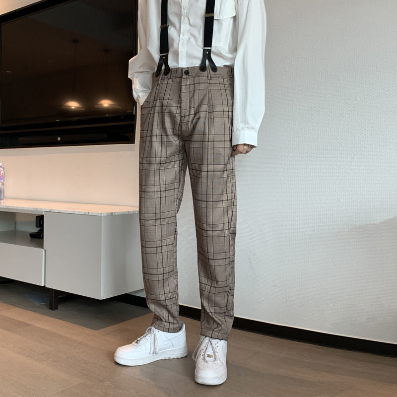 90s fashion men Autumn Ins Fashion Brand Straight Casual Trousers Men's Retro Workwear Suspender Pants Detachable Korean Plaid Suspender Pants