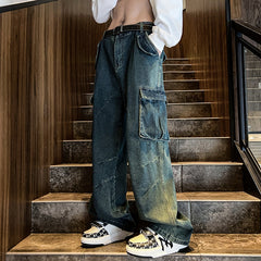 90s fashion men Autumn and Winter New American-Style Multi-Pocket Workwear Jeans Men's Ins Wide-Leg Pants Cargo Jeans Men