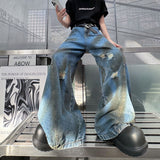 Bonsir skater boy outfits Vintage Washed Straight Wide-Leg Pants Personalized Ripped Flip-down Jeans High Street Men's Vintage Casual Pants