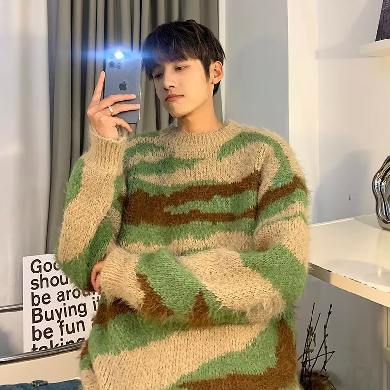 fall fashion Contrast Color Sweater Men's Japanese Irregular Color Matching High-Grade Loose Sweater Lazy Style Casual Sweater