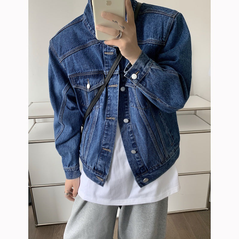 outfit ideas Fit Light Blue Workwear American Shoulder Pad Ean Denim Coat Men's Jacket High Street CL Spring and Autumn Shoulder Short