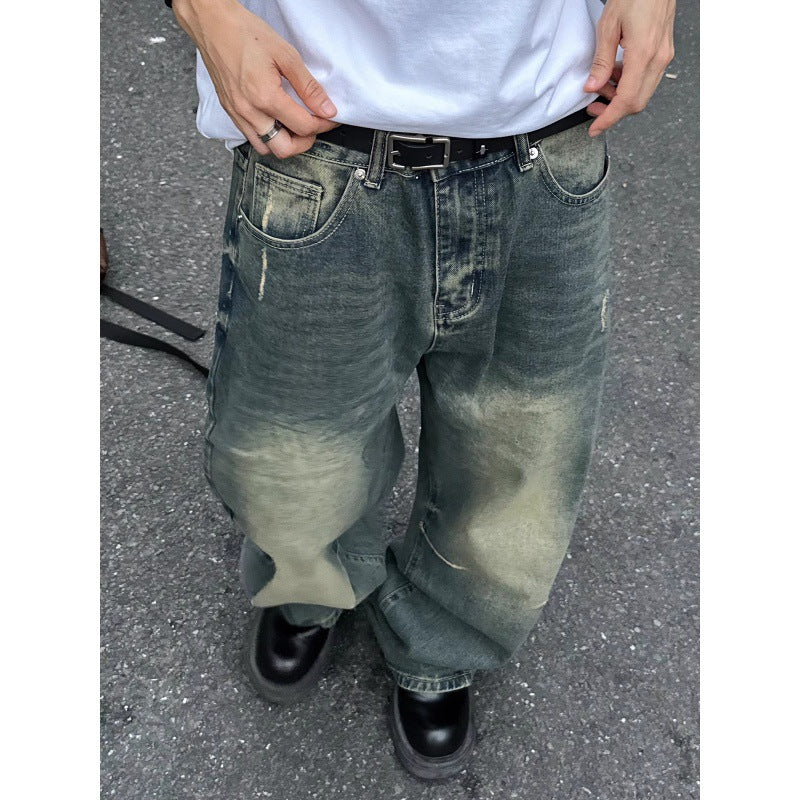 90s streetwear American High Street Vintage Washed Distressed Slimming Jeans Men's Loose Straight Drape Wide Leg Mop Long Pants Fashion