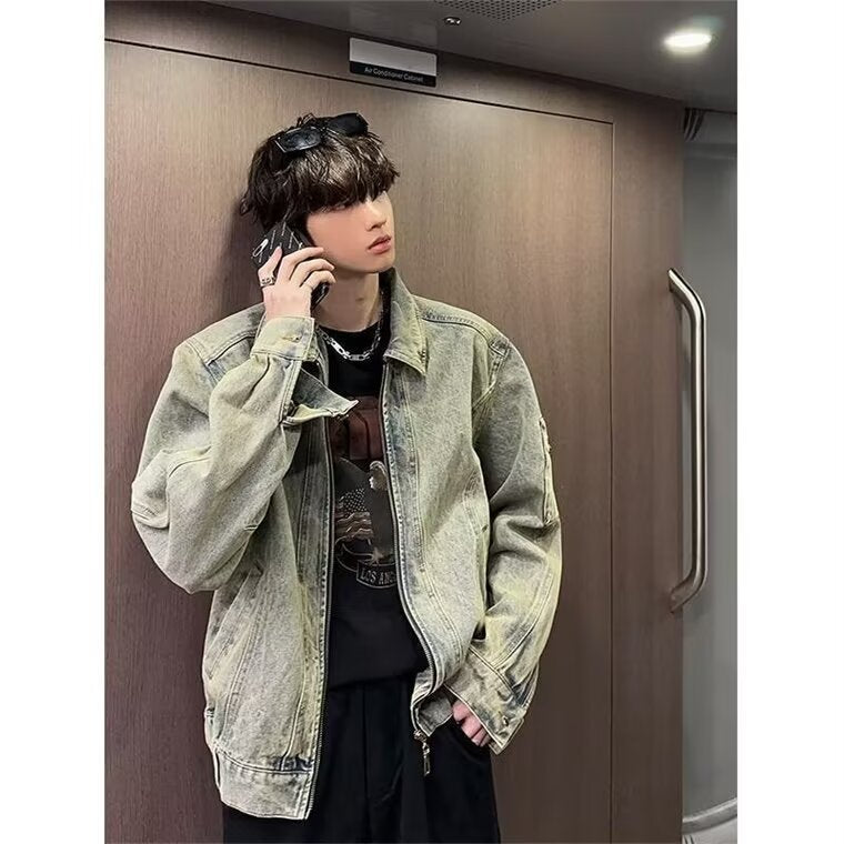 90s streetwear High Street Retro Washed Distressed Denim Coat Men's Spring and Autumn New Style Fried Street Loose Casual Workwear Jacket Fashion