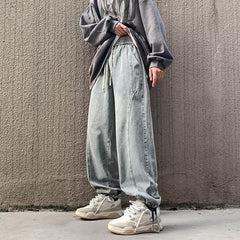 90s streetwear Straight Jeans Men's Spring and Autumn Japanese Men's Washed Blue Loose Wide-Leg Casual Ankle-Tied Pants Men's