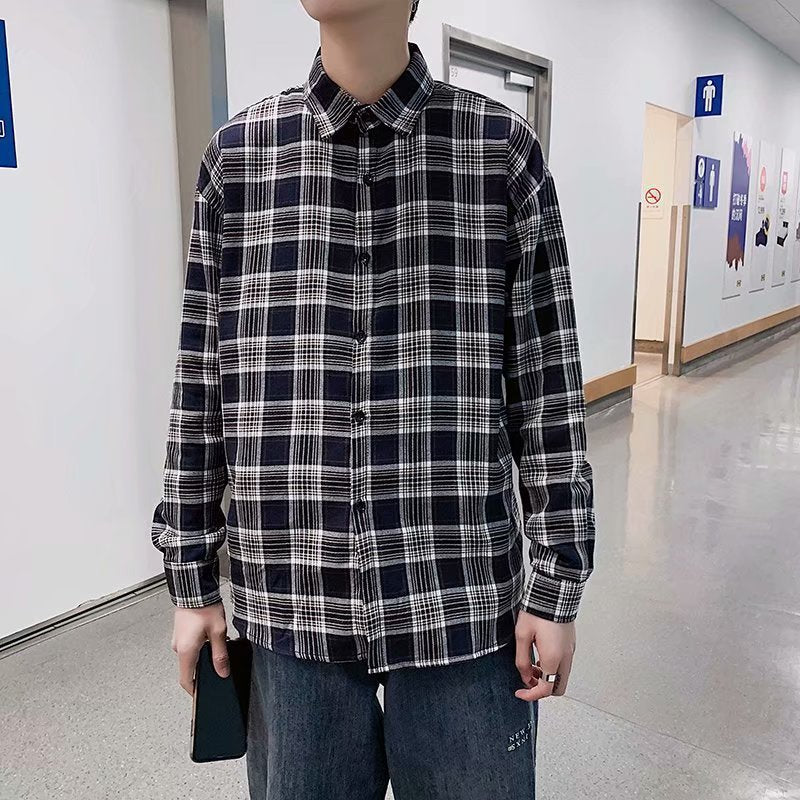 fall mens outfits Plaid Shirt Men's Korean-Style Trendy Handsome Hong Kong Style Japanese Long-Sleeved Men's Shirt Ruan Handsome Casual All-Match Fashionable Coat