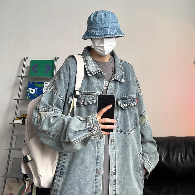 90s streetwear Denim Coat Men's Autumn Hong Kong Style Youth All-Matching Clothes Ins Korean Style Trendy Loose plus Size Jacket