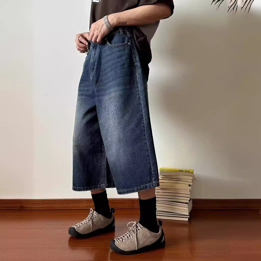 90s streetwear Denim Shorts Men's Summer Japanese Retro Ins Loose Cropped Pants Men's and Women's Fashionable Personalized Wide-Leg Pants