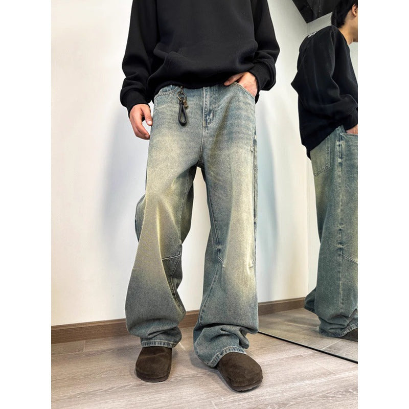 90s streetwear American High Street Vintage Washed Distressed Slimming Jeans Men's Loose Straight Drape Wide Leg Mop Long Pants Fashion