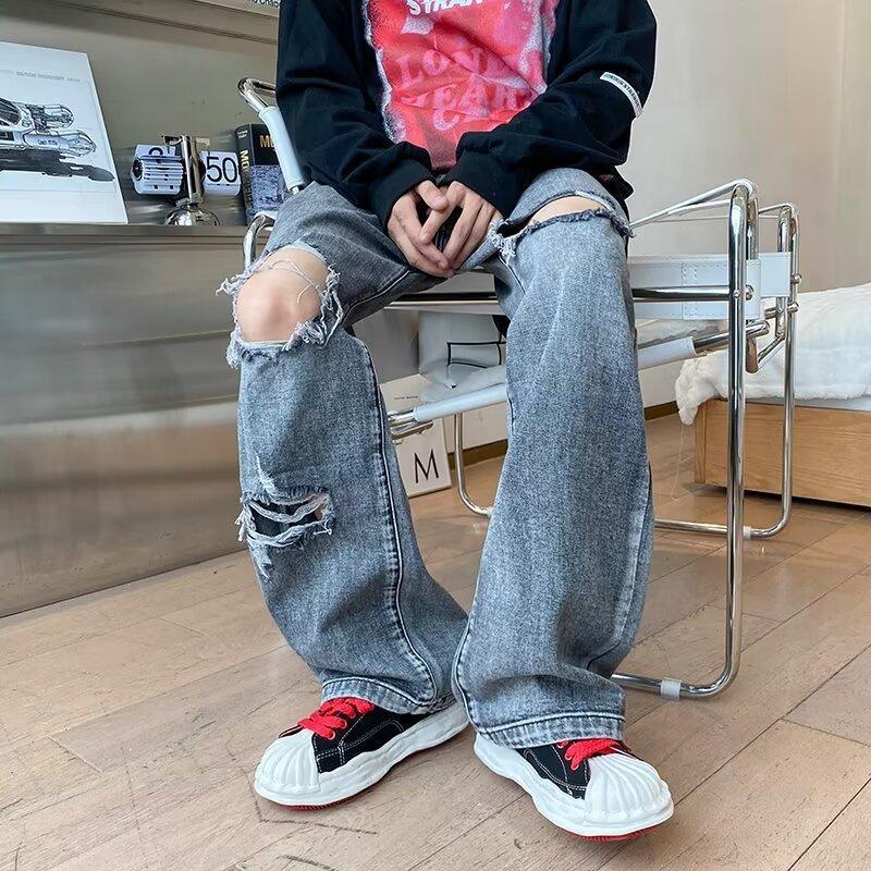 outfit inspo American High Street Ripped Jeans Men's Slim Fit Fashion Brand Casual Hip Hop Trendy Autumn and Winter Straight Trousers 2024